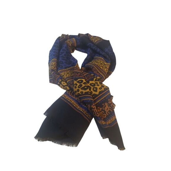 Womens Wool Scarf 64" x 27" Yellow Purple Navy Animal 1/2" Fringe Made in C.E.E. - Picture 1 of 13